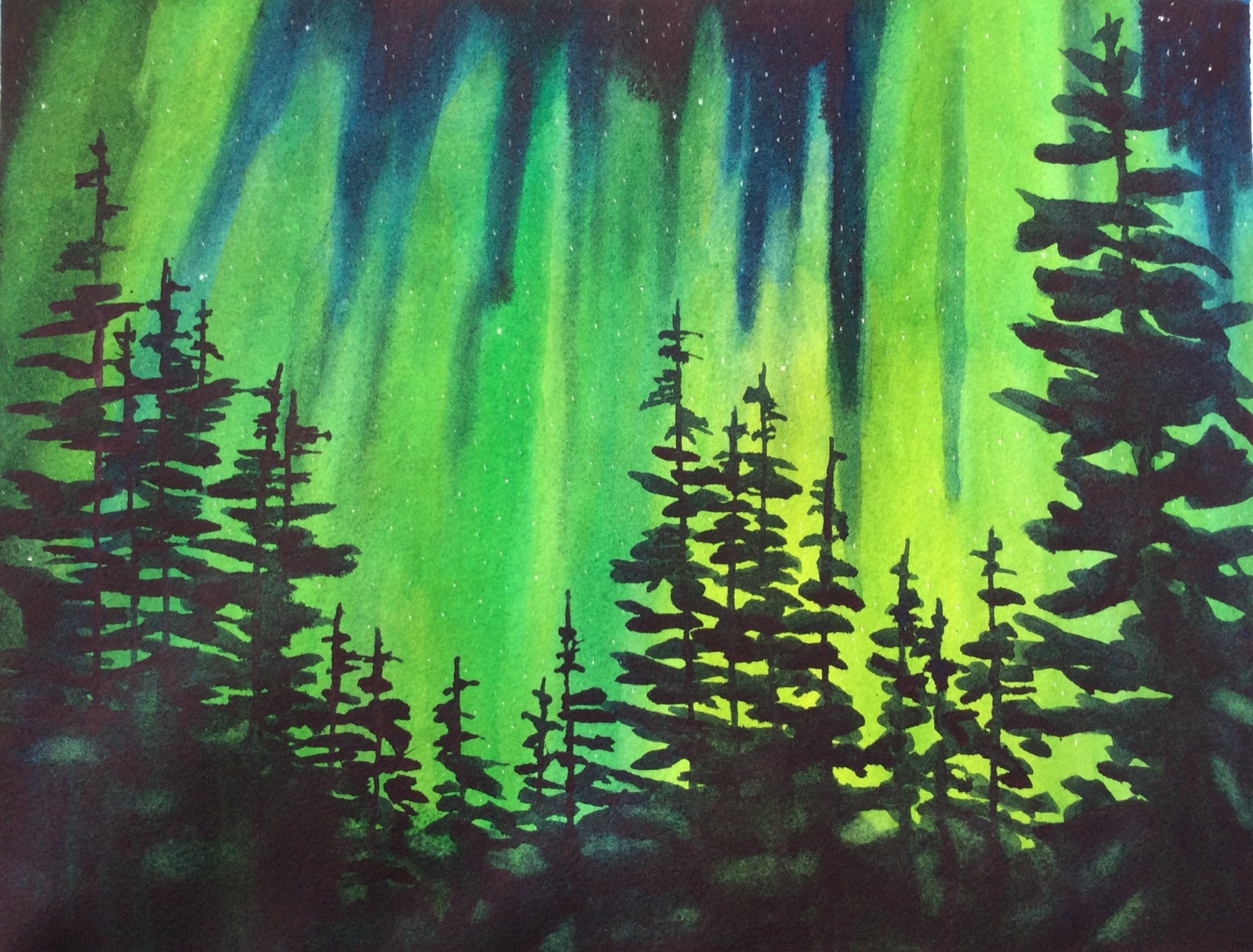 Watercolor painting of the aurora borealis over a pine forest