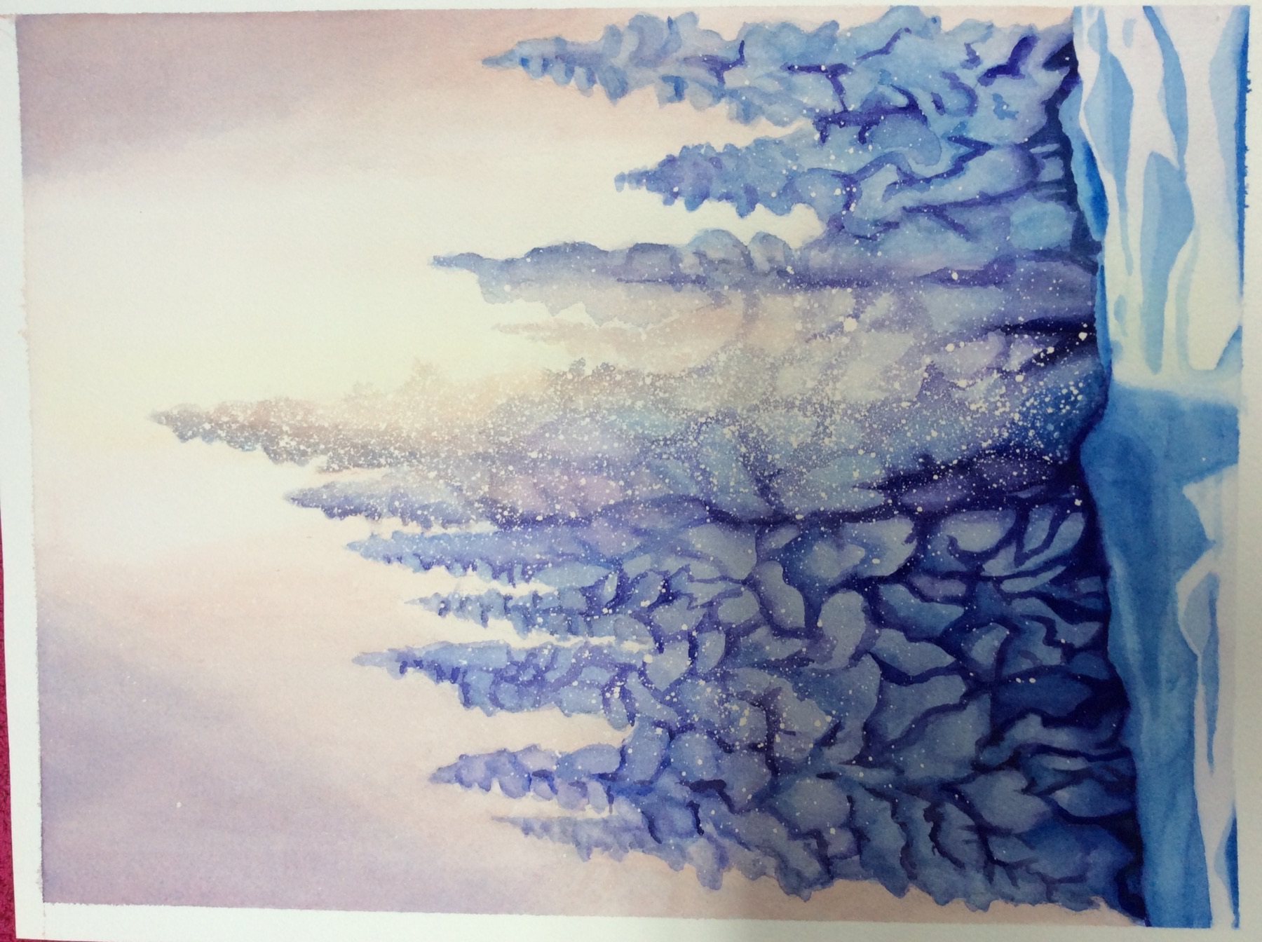Watercolor painting of snow-covered pine trees