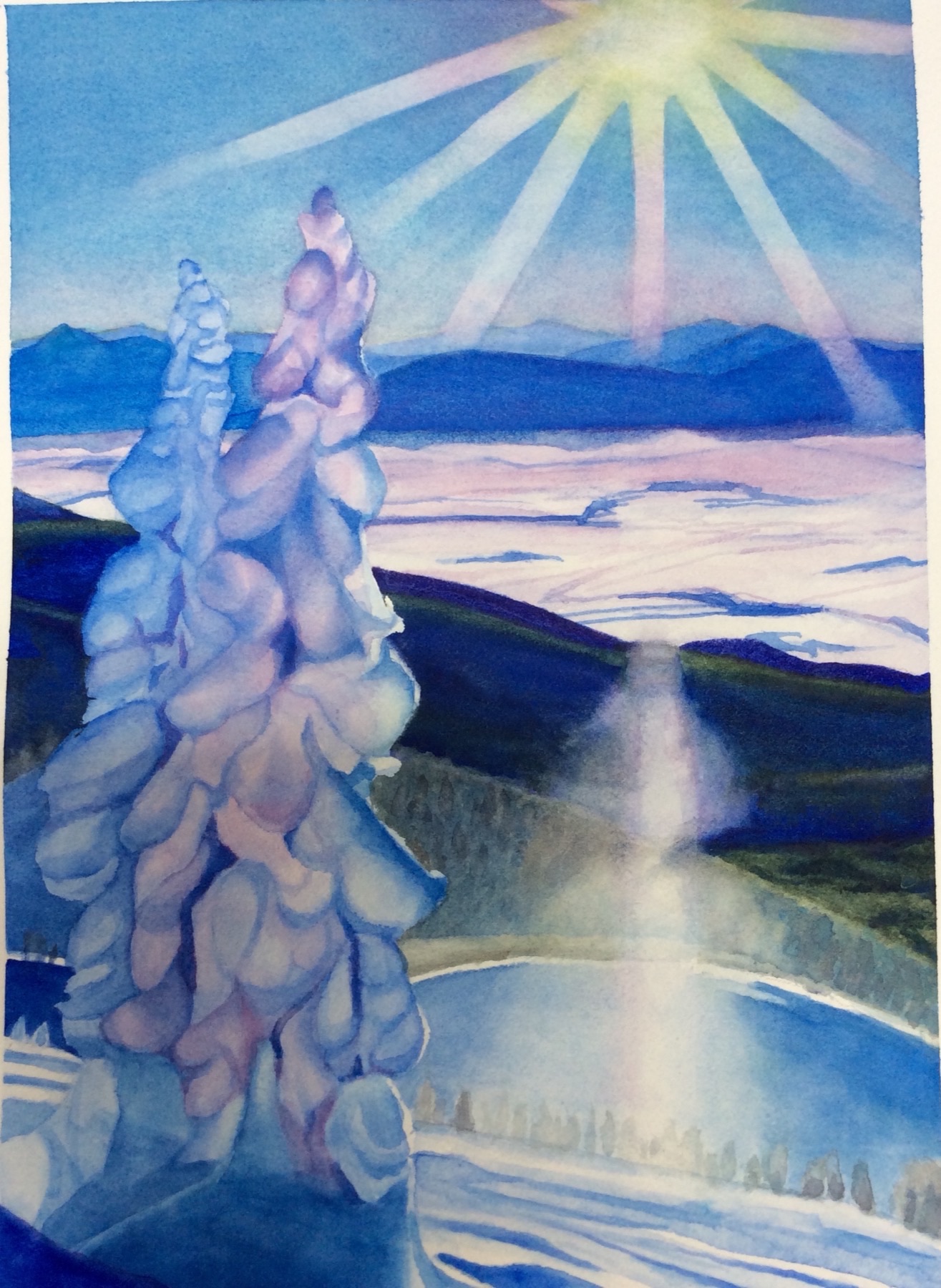 Watercolor painting of sunlight over a snow-covered valley