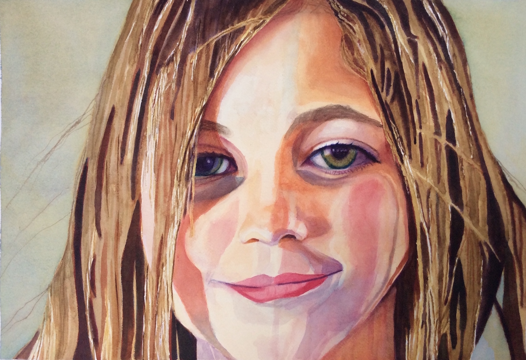 Close-up watercolor portrait of a girl with green eyes