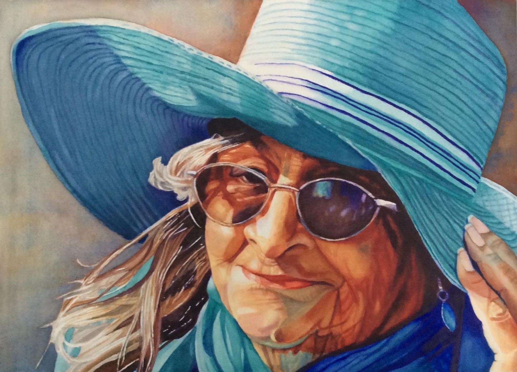 Watercolor portrait of a woman in a sun hat and sunglasses