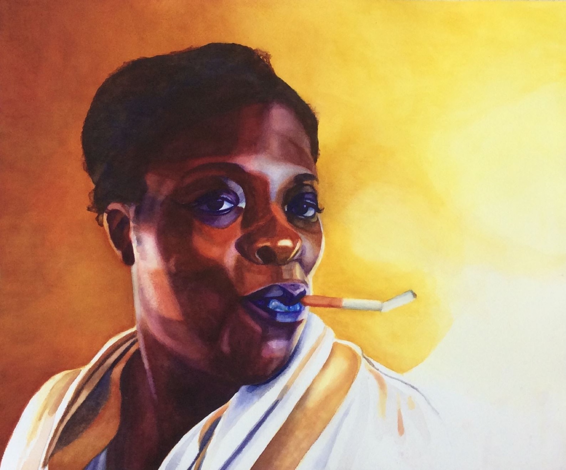 Watercolor portrait of a woman in warm light